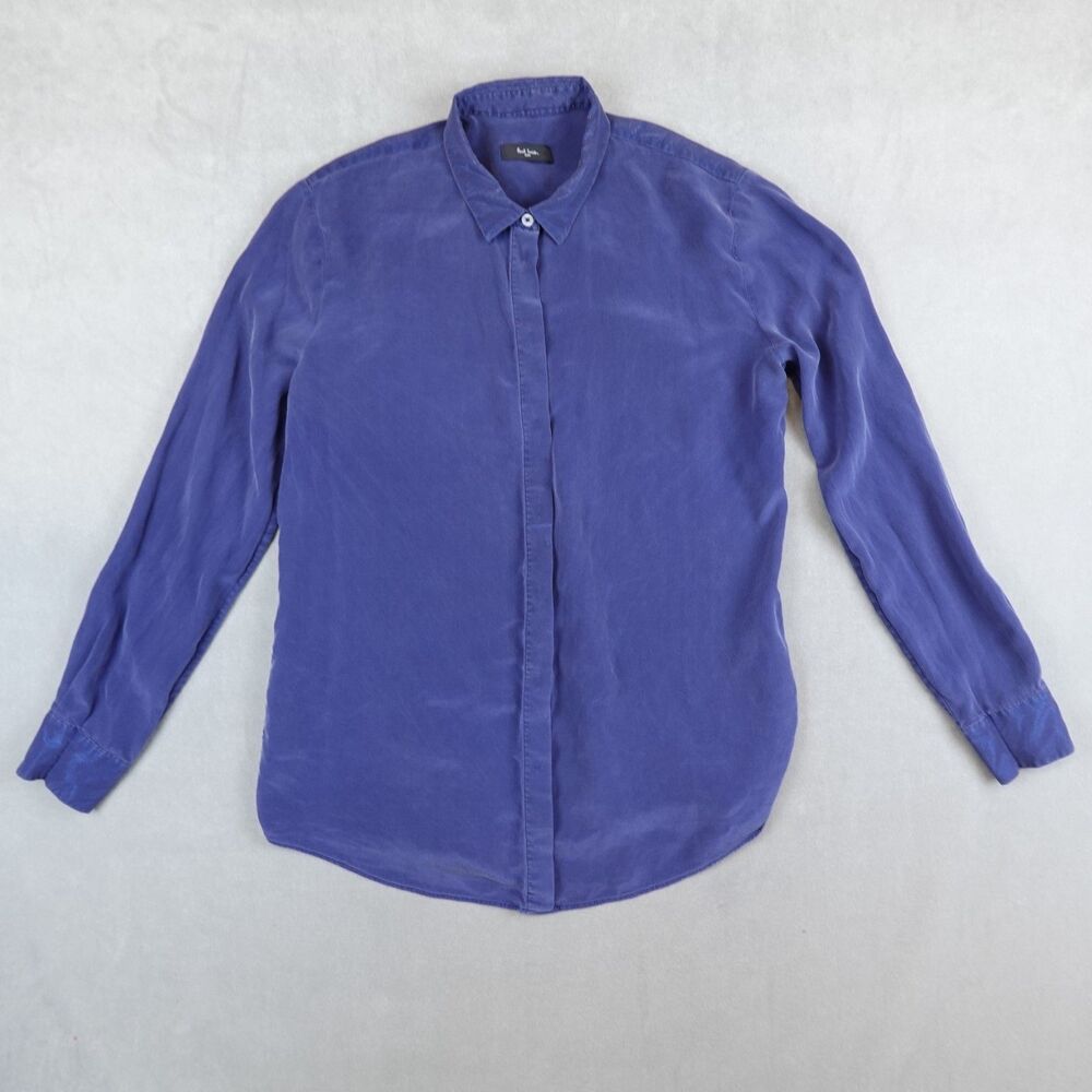 Paul Smith Black Blouse Womens 42 Blue Shirt Silk Blend Long Sleeve Button Up